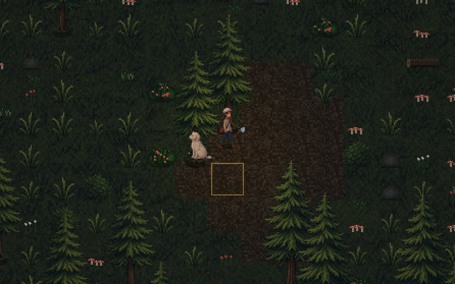 Bosque espeso al amanecer, el personaje con el perro